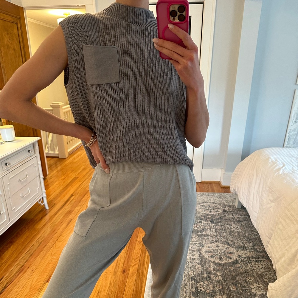 Gray High-Waisted Joggers with Relaxed Fit and Matching Mock Neck Sweater
